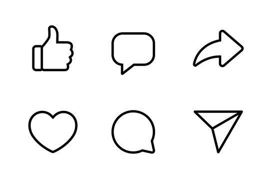 Like, comment, and share icon in line design. Love, speech bubble, and arrow repost outline sign symbol