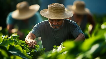 Man wearing a straw hat is working in a field of green vegetables. Scene is peaceful and serene, as the man is tending to the plants in a natural setting