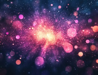 Obraz premium Abstract vibrant explosion of pink and purple bokeh lights on a dark background, creating a dazzling and festive atmosphere