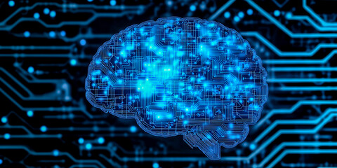 A digital representation of a brain overlaid with blue circuitry, symbolizing technology, artificial intelligence, and neural networks.