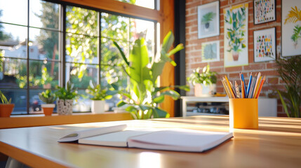 cozy creative workspace with large wooden table, plants, and colorful stationery. warm sunlight enhances inviting atmosphere, perfect for inspiration and productivity