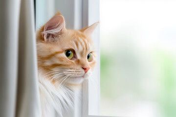 Obraz na płótnie Canvas Curious orange cat gazes out the window on a sunny day in a cozy home environment