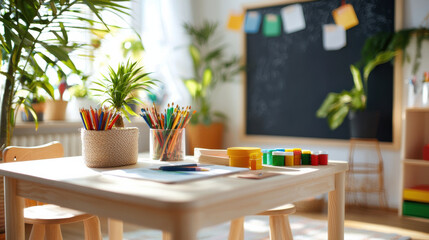 bright and inviting creative workspace featuring wooden table with art supplies, chalkboard wall, and vibrant plants. This space encourages imagination and learning
