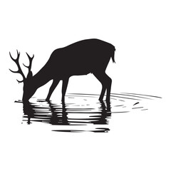 A black silhouette of a deer drinking water from a stream