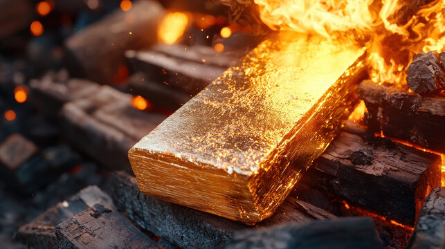 glowing gold bar resting on burning wood, surrounded by flames and sparks, creates dramatic and intense scene. heat and light emphasize bar shiny surface
