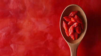 Fototapeta premium A wooden spoon filled with dried goji berries, symbolizing superfoods, antioxidants, biohacking, and natural nutrition for energy, immune support, and longevity.