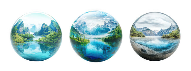 Three spherical landscapes showcasing stunning mountains, serene lakes, and lush greenery in vibrant colors.