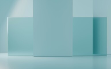 Modern minimalist space featuring light blue geometric shapes and elegant design elements in a tranquil setting