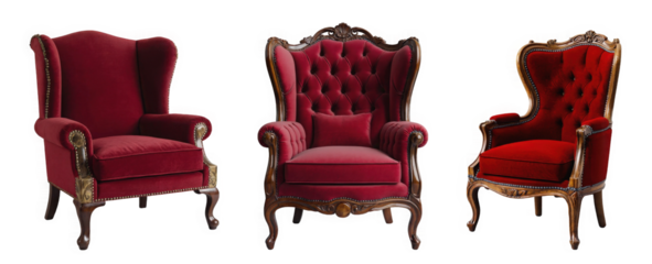 Three elegant vintage armchairs in rich red upholstery, showcasing unique designs and ornate detailing.