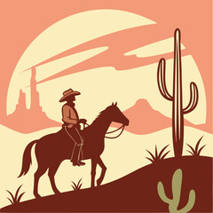 Naklejka premium Cowboy Riding Horse in Desert Sunset Illustration