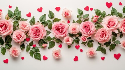 Elegant top-view arrangement features symmetrical patterns of vibrant pink roses surrounded by lush green leaves, exuding harmony and grace