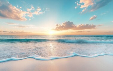 Obraz premium transparent clear waves breaking on white and clean sea beach in the evening sunset. 