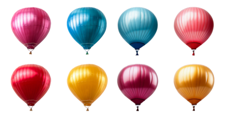 Colorful Hot Air Balloons in Bright Shades Flying in the Sky, Bundle Set Collection, Isolated on Transparent Background