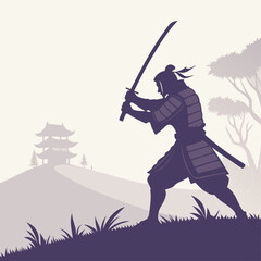 Samurai Silhouette with Sword in Japanese Landscape