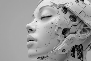 Detailed portrayal of a woman's face integrated with advanced robotic parts, showcasing an innovative fusion of technology and human features