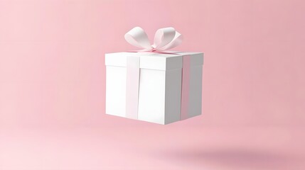 Fototapeta premium A floating white gift box with a pink ribbon on a soft pink background, suggesting celebration and joy