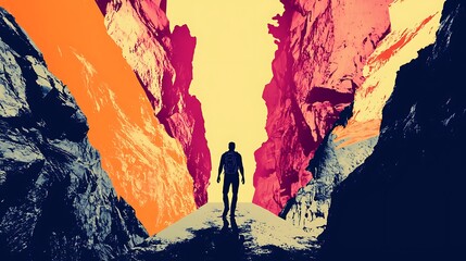 A lone traveler navigates the vibrant canyon, embracing the spirit of adventure and exploration in a surreal landscape