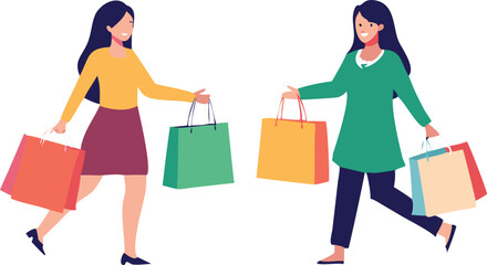 Two cheerful women are depicted walking away, each carrying multiple colorful shopping bags.