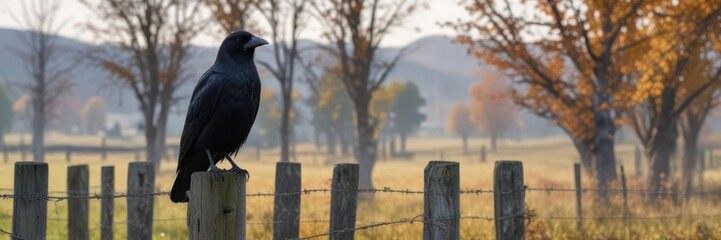 A carrion crow perched on a fence post in a rural landscape with a few scattered trees, nature, animal behavior, wildlife