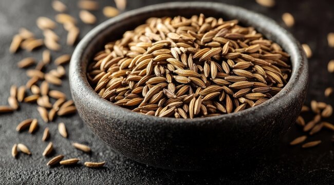 A decorative bowl filled with aromatic cumin seeds is placed against a dark background, highlighting the intricate details of each seed