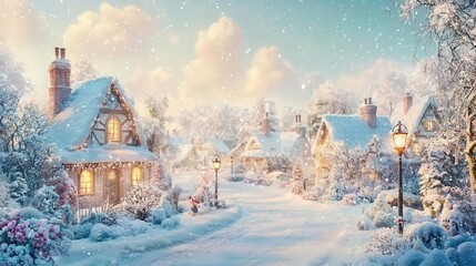 Winter Village Scene Snowfall Cozy Cottages Festive Lights