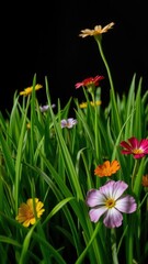 Fototapeta premium A close-up shot of vibrant green gras and colorful flowers contrasting against a dark background, night, garden, plant