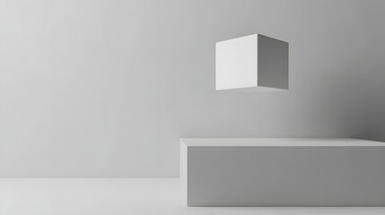 Fototapeta premium Minimalist scene featuring a floating cube above a rectangular platform in a neutral gray environment