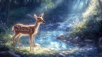 Peaceful Fawn by Sparkling Stream in Enchanted Forest with Sunlight Filtering Through Trees and Colorful Flowers Surrounding Natural Scene