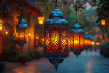 Fototapeta premium Warmly Glowing Lanterns Along Enchanted Pathway with Lush Greenery