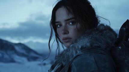 Movie still frame, young woman, dark hair, blue eyes, wearing an Arctic fur jacket, standing in front of snow covered mountains at night, in a cold atmosphere.