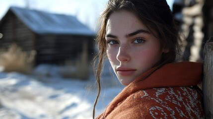 An extremely beautiful portrait of a woman with dark brown hair, hazel eyes, wearing an orange wool sweater with a white pattern, standing in front of an old wooden house on a snowy day.