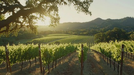 Naklejka premium Golden Hour Vineyard Landscape Rolling Hills Sunlit Vines