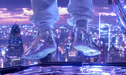 Futuristic Sneakers in Cityscape with Neon Lights at Dusk