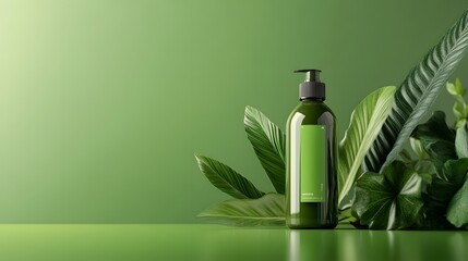 Eco-Friendly Beauty Product: A sleek, dark green product bottle is artfully showcased amidst vibrant green foliage, evoking a sense of natural beauty and eco-consciousness.