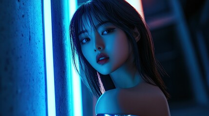 Fashion blockbuster, model, cold white skin, dark brown straight hair, silver reflective wide shoulder set, concrete textured pillars, blue LED light strip creates a futuristic silhouette.