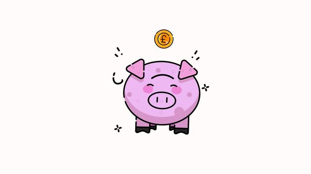 A charming animated piggy bank icon winking with a pound Sterling coin above, perfect for finance apps, saving themes, and playful designs