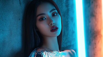 Fashion blockbuster, model, cold white skin, dark brown straight hair, silver reflective wide shoulder set, concrete textured pillars, blue LED light strip creates a futuristic silhouette.