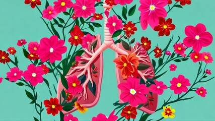 stylized Human lungs with flowers on solid color background. A symbol of healthcare and the blooming lungs of our planet