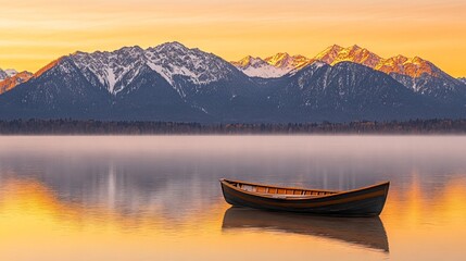Obraz premium Sunrise Serenity Wooden Boat on Calm Lake, Majestic Mountains