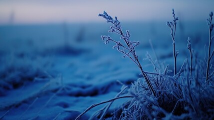 Close up of winter frozen grassland, misty blues atmosphere, shallow depth of field captures cold weather.