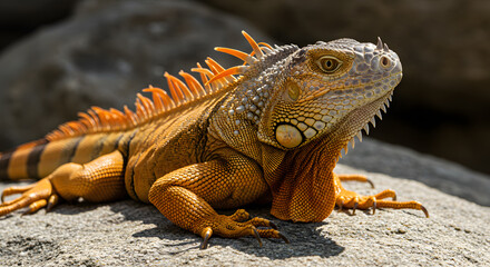 Fototapeta premium A vibrant orange iguana basks in the sunlight showcasing its intricate scales and powerful claws. The close-up captures the reptile's detailed texture and intense gaze 