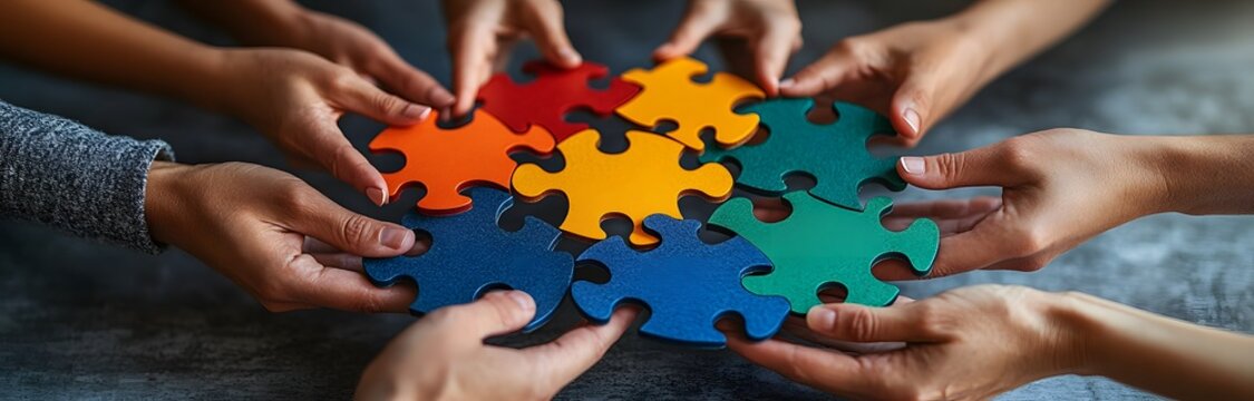 Interconnected Unity: Hands uniting to form a colorful puzzle, symbolizing teamwork, collaboration, and problem-solving, with a focus on diversity and inclusion.