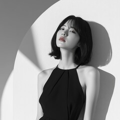 Minimalist portrait of a Korean model wearing a black asymmetrical cut dress, standing in front of a white geometric solid background wall, with a minimalist composition.