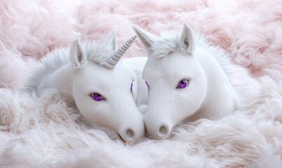 Two white unicorns resting close together on soft pink fur