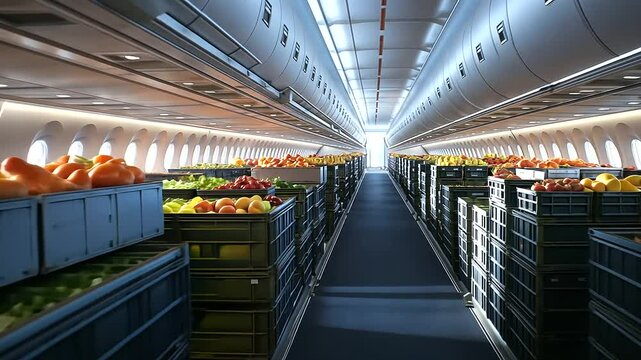A modern cargo plane interior featuring crates of freshly harvested berries, peaches, and bananas, symbolizing global perishable goods logistics.