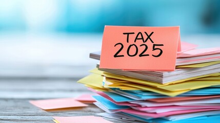 Colorful tax documents stack with sticky notes, highlighting important tax year 2025 deadline and organization.