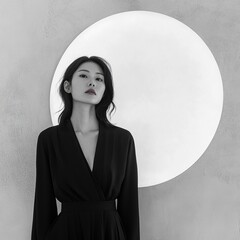 Minimalist portrait of a Korean model wearing a black asymmetrical cut dress, standing in front of a white geometric solid background wall, with a minimalist composition.