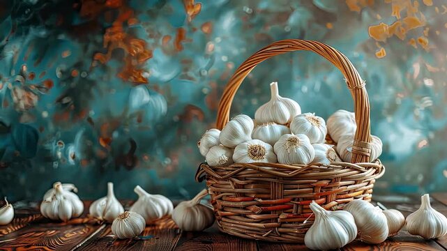 garlic in a wicker basket. Selective focus