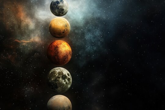 A breathtaking view of planets highlights their unique surfaces against a starry backdrop, embodying the universe's essence