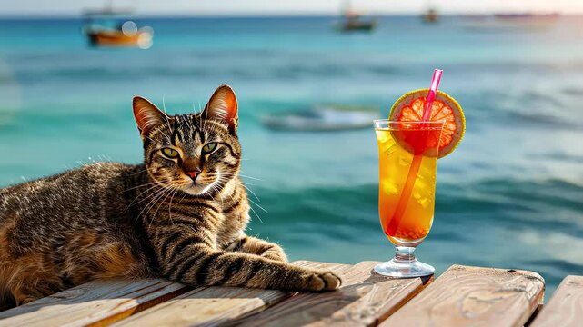 cat with a cocktail on the background of the beach. Selective focus